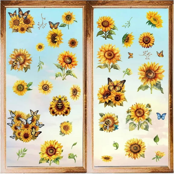 8 Sheets Sunflower Window Stickers Flower Leaves Plant Wall Decals Spring PVC Waterproof Self Adhesive Clings Removable for DIY Home Stairway Decoration Bedroom Living Room Kitchen Showcase