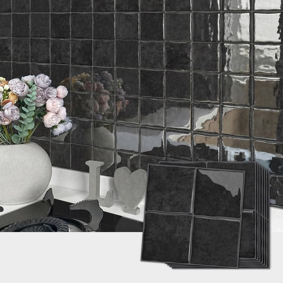 8 Sheets Tiles Wall Stickers 6"x6" Black Gray Kitchen Backsplash Tile Decals Peel and Stick Removable Bathroom Tiles Sticker Tile Contact Paper 3D Effect Decor