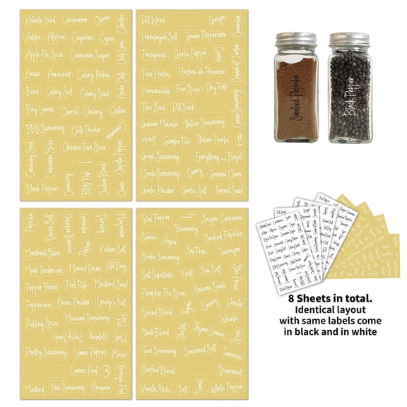 8 Sheets Transparent Waterproof Spice Jar Labels, Preprinted Pantry Organization Labels with Black & White Lettering, Self-Adhesive Seasoning Stickers for Spice Jars, Kitchen Storage Containers Label