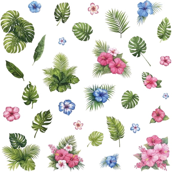 8 Sheets Tropical Leaf Wall Stickers Green Turtle Leaf Flower Window Clings Wall Decals Stickers Peel and Stick PVC Waterproof Adhesive Decor for Home Stairway Bedroom Living Room