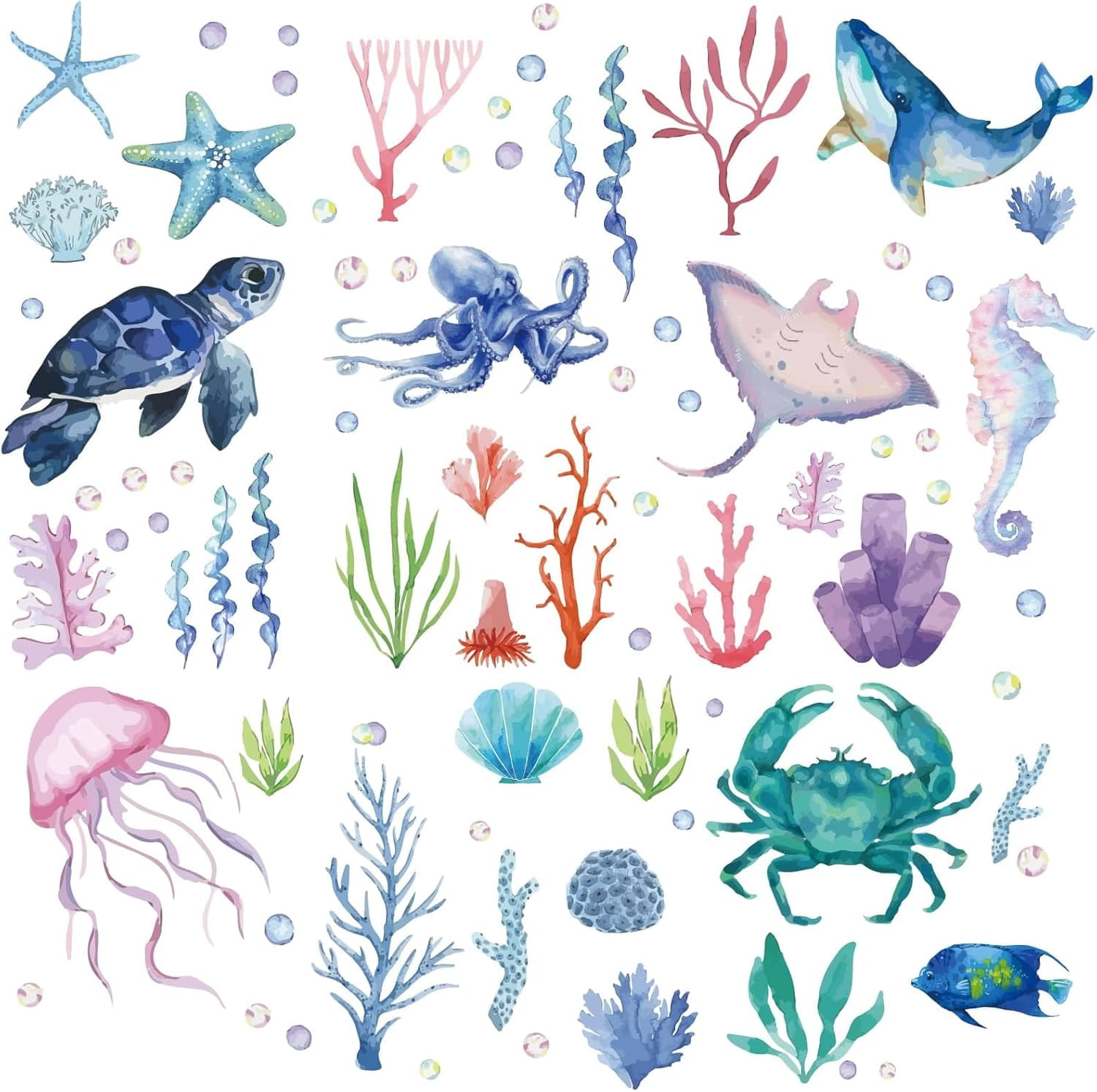 8 Sheets Turtle Wall Stickers Octopus Seahorse Jellyfish Starfish Sea Fish Marine Summer Self Adhesive Window Decals Peel and Stick Clings PVC Waterproof for Bedroom Living Room Bath DIY