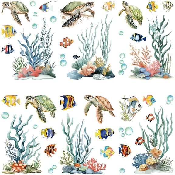 8 Sheets Turtle Wall Stickers Sea Grass Ocean Summer Self Adhesive Window Decals Peel and Stick Clings PVC Waterproof Decor for Bedroom Home Stairway