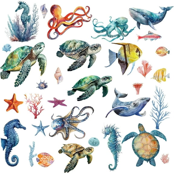 8 Sheets Turtle Window Stickers Self Adhesive Octopus Seahorse Sea Fish Marine Summer Wall Decals Peel and Stick Clings PVC Waterproof Decor for Bedroom Nursery Living Room Bath Dorm