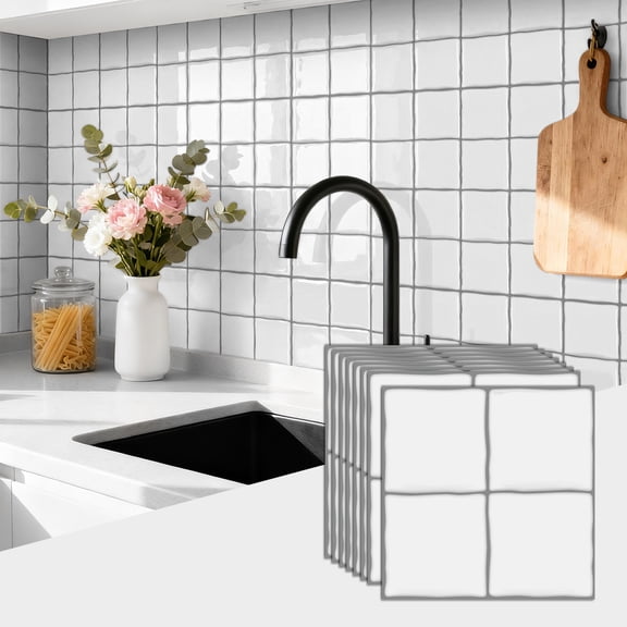 8 Sheets White Tiles Wall Stickers 6"x6" Kitchen Backsplash Tile Decals Peel and Stick Removable Tile Contact Paper Bathroom Tiles Decor 3D Effect