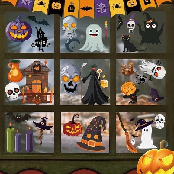 8 Sheets Window Stickers Pumpkins Witches Window Clings Peel and Stick PVC Waterproof Self Adhesive Wall Decals Stickers