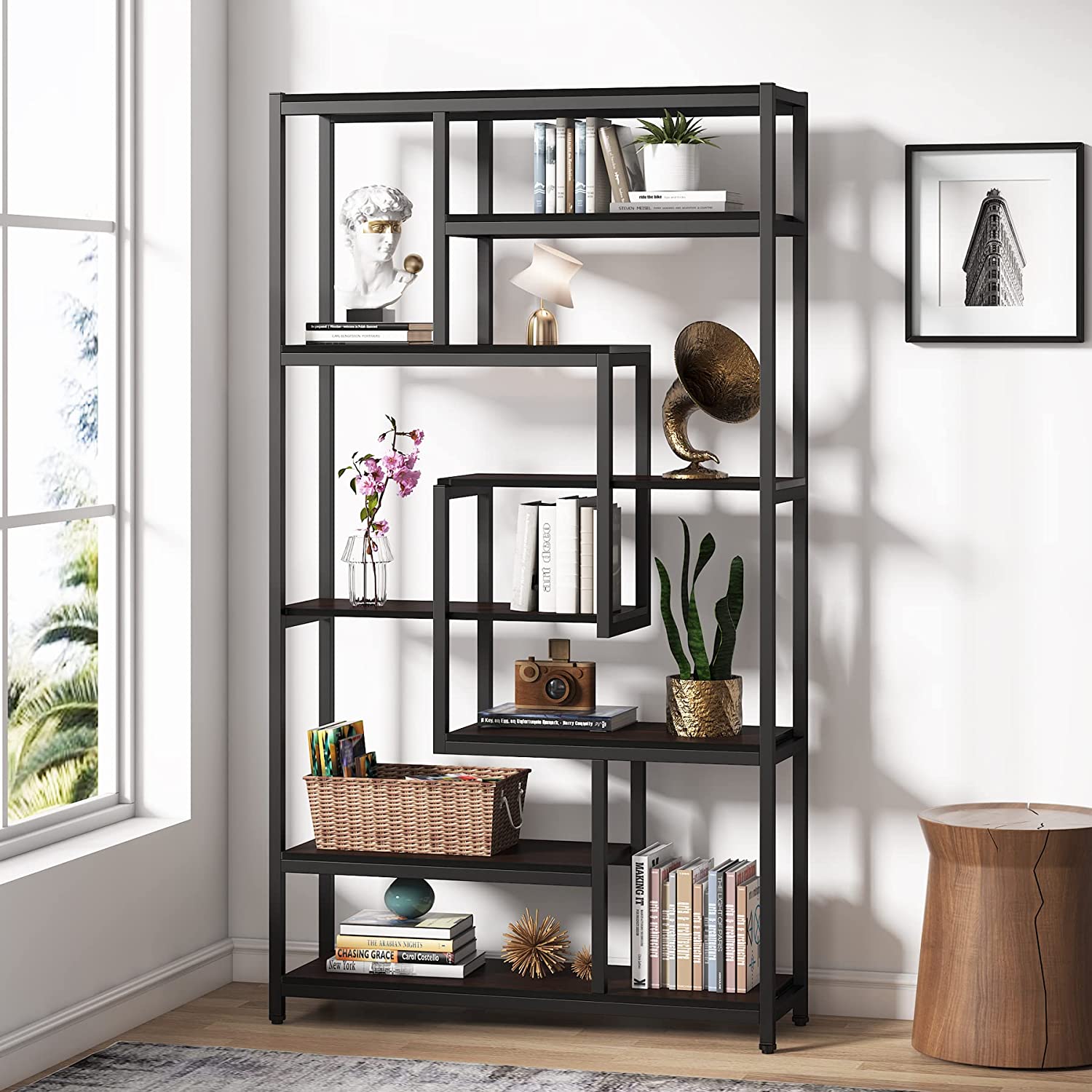 8Shelves Staggered Bookshelf, Vintage Display Shelf Organizer for Home