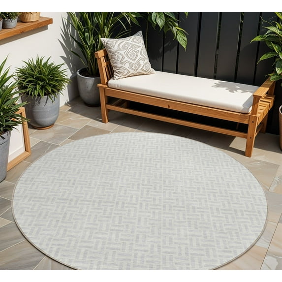 8' Silver And Gray Round Geometric Washable Indoor Outdoor Area Rug
