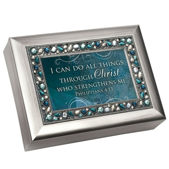 8" Silver Colored and Green Topaz Jewel Boarded Rectangular "Christ" Printed Musical Box