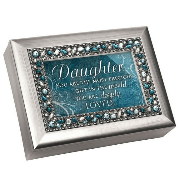 8" Silver Colored and Green Topaz Jewel Boarded Rectangular "Daughter" Printed Musical Box