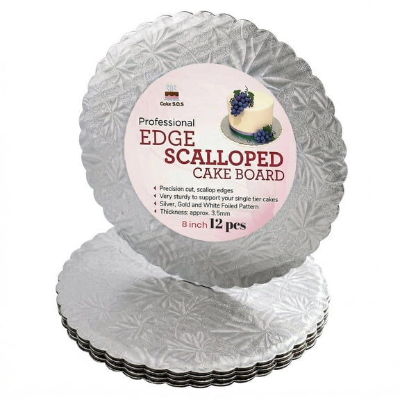 Cake S.O.S 8 inch Silver Scalloped Edge Corrugated Cardboard Cake Boards, 12-Pack