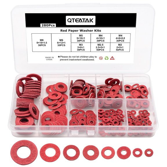 8 Size M2 M2.5 M3 M4 M5 M6 M8 Red Steel Paper Fiber Flat Insulation Washers Assorted Kit with Box (280Pcs)