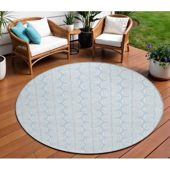 HomeRoots 601652 8 ft. Sky Blue & Beige Round Ogee Washable Indoor & Outdoor Area Rug