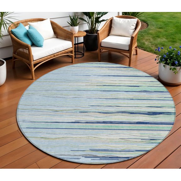 8' Sky Blue Aqua And Gray Round Striped Washable Indoor Outdoor Area Rug