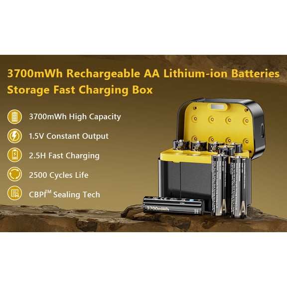 8-Slot 3700mWh AA Lithium-ion Rechargeable Batteries with Fast Charging Storage Box, 1.5V Constant Output, 2500 Cycles Life