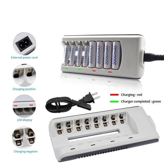 8-Slot Battery Charger for AA AAA Rechargeable Batteries, Smart LED Display, Auto Shut-Off, Fast Charging with AC Adapter, Compatible with Ni-MH Ni-Cd