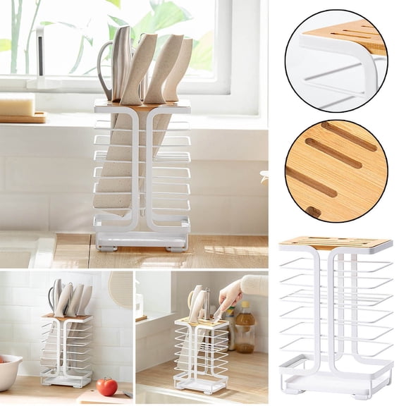 8 Slot Hollow Top Iron Knife Rack, White Countertop Knife Storage Holder with Drain Tray