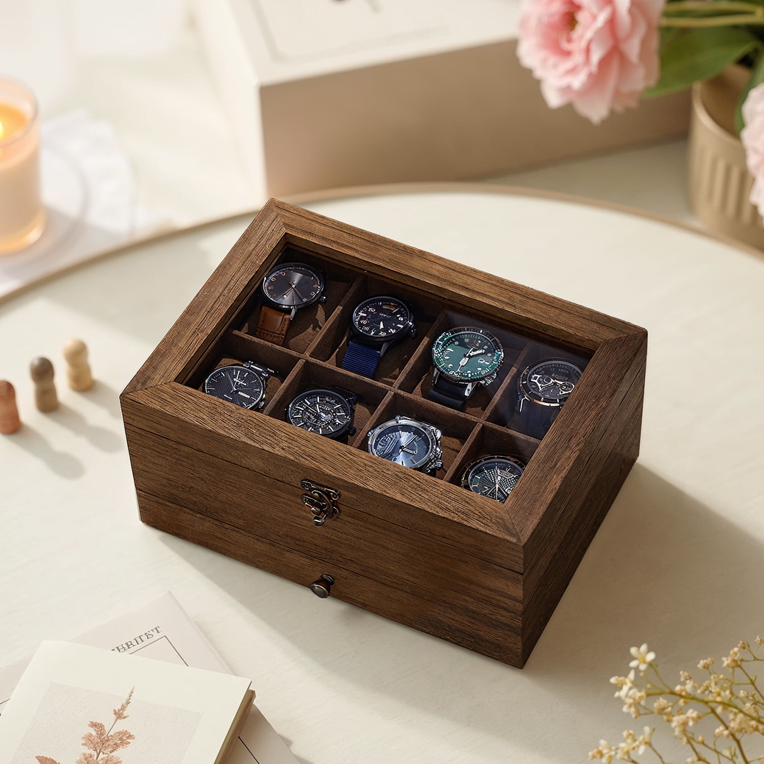 Rustic Walnut 2-Tier Wooden Watch Box with Glass Lid