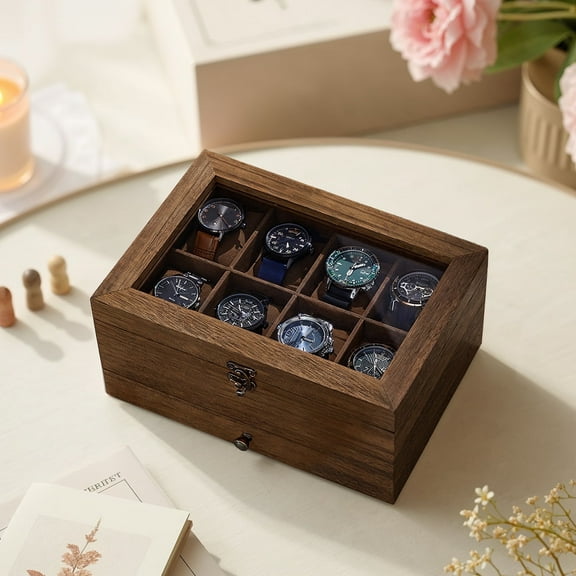 2-Tier Watch Box, 8-Slot Display Case, Rustic Walnut, Glass Lid, Removable Pillows, Velvet Lining, Jewelry Storage