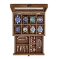 thumbnail image 1 of 2-Tier Watch Box, 8-Slot Display Case, Rustic Walnut, Glass Lid, Removable Pillows, Velvet Lining, Jewelry Storage, 1 of 10
