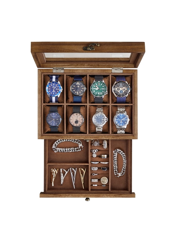 2-Tier Watch Box, 8-Slot Display Case, Rustic Walnut, Glass Lid, Removable Pillows, Velvet Lining, Jewelry Storage
