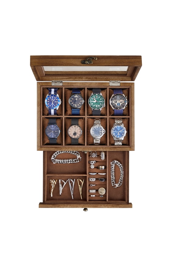 2-Tier Watch Box, 8-Slot Display Case, Rustic Walnut, Glass Lid, Removable Pillows, Velvet Lining, Jewelry Storage
