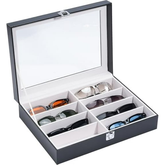 8 Slots Sunglasses Organizer, 1 Layer Sunglass Case, Leather Eyeglass Cases for Display and Storage -Black