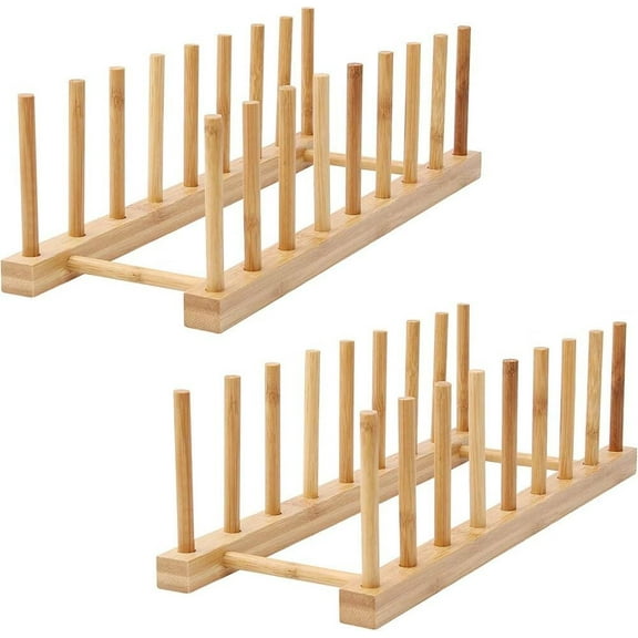 8-Slots Wooden Dish Rack Storage Organization Plate Rack Stand Pot Lid Holder Kitchen Cabinet Organizer