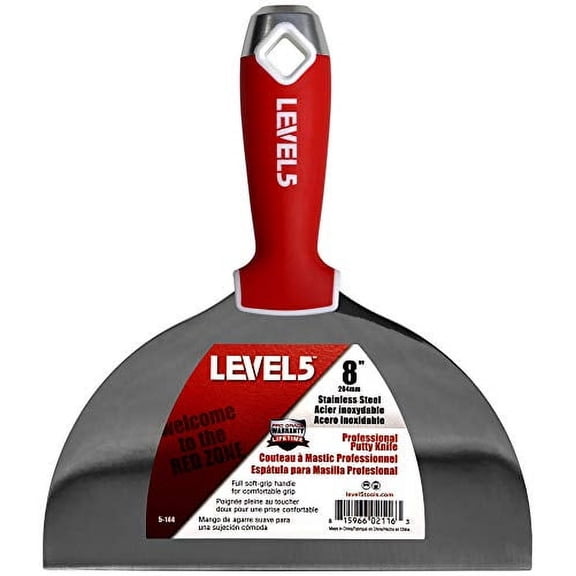 8" Soft-Grip Stainless Steel Drywall Joint Knife - LEVEL5 | Pro-Grade | Comfortable Finishing Hand Tool | Metal Hammer End | Sheetrock Gyprock Plasterboard Mud| 5-144