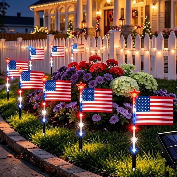 8 Solar American Flag Pathway Lights Outdoor, 2026 New Solar Flag Lights for 250th Independence Celebration, Light Up Solar Flags for July 4th Decorations Outside