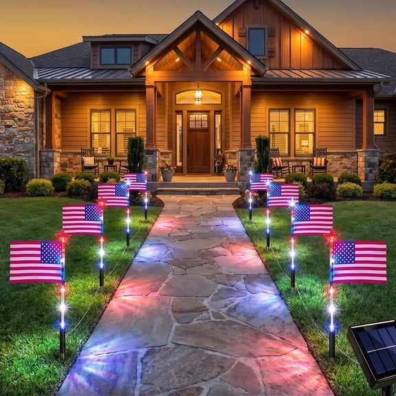 8 Solar American Flags Pathway Lights, Solar Flag Stake Lights Outdoor, Waterproof 8 Modes Outdoor Yard Decor for 4th of July
