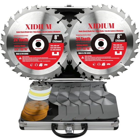 8" Stacked Dado Saw Blade Set, 24 Teeth Carbide 5/8" Arbor with Shims for Table Saw Grooves 1/4 to 13/16 Inch, Max 6000 RPM, 23PCS