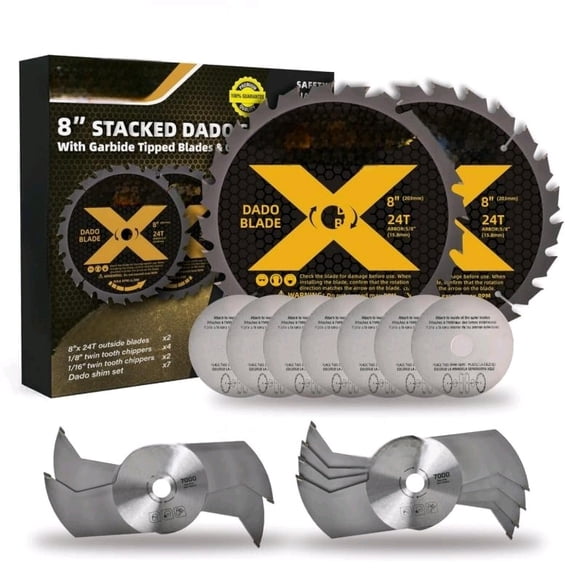 8" Stacking Dado Blade Set for Fine Finished Dados, Grooves, and Rabbets, 5/8" Arbor, 15 Pieces