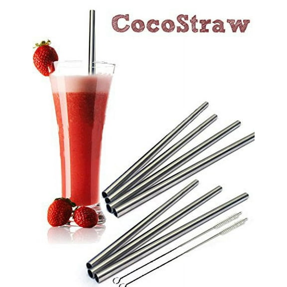 8 Stainless Steel Wide Smoothie Straws - CocoStraw Large Straight Frozen Drink Straw - 4 Pack + Cleaning Brush (8)