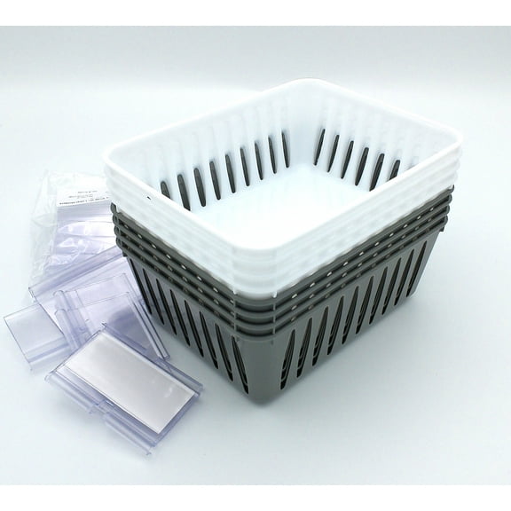 8 Storage Baskets 6.25" x 4.75" & 12 Clear Label Holders, Grey & White