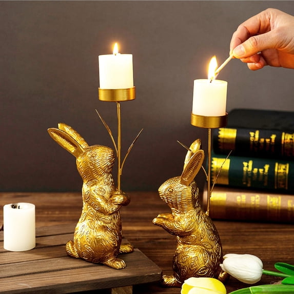 8" Sturdy Iron Easter Candle(2pc) Holder with Handcrafted Bunny - For Table, Mantel or Holiday Party Decor