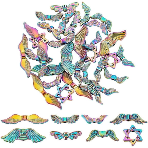 8 Style Angel Wing Beads 32pcs Fairy Wing Butterfly Star Charm Beads Rack Plating Angel Wings Pendant Rainbow Wings Beads for DIY Earring Necklace Bracelet Jewelry Making