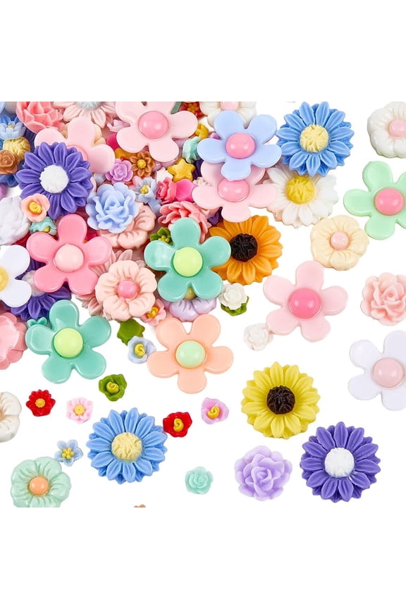 8 Styles 120PCS Resin Flower Beads Valentine Opaque Cabochons Colorful Assorted Daisy Sunflower Rose Charms Loose Spacer Bead Bulk
