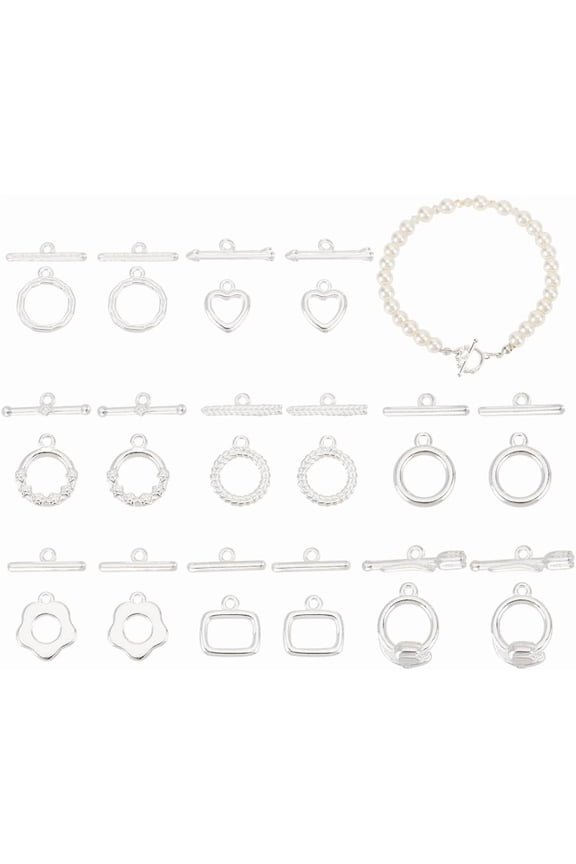 8 Styles 925 Sterling Silver Toggle Clasps 16pcs T-bar Closure Clasps OT Clasps Jewelry Fastener Clasps Ring Flower Heart Toggle Connector for Necklace Jewelry Making Handmade Crafts