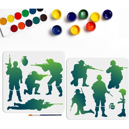 8 Styles Army Soldier Stencils 11.8×11.8inch Infantry Painting Stencil with Paint Brush Soldiers Silhouette Drawing Stencil for Canvas Wall Furniture Decor DIY Crafts Colorful