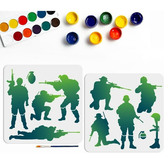 8 Styles Army Soldier Stencils 11.8×11.8inch Infantry Painting Stencil with Paint Brush Soldiers Silhouette Drawing Stencil for Canvas Wall Furniture Decor DIY Independence Day Crafts