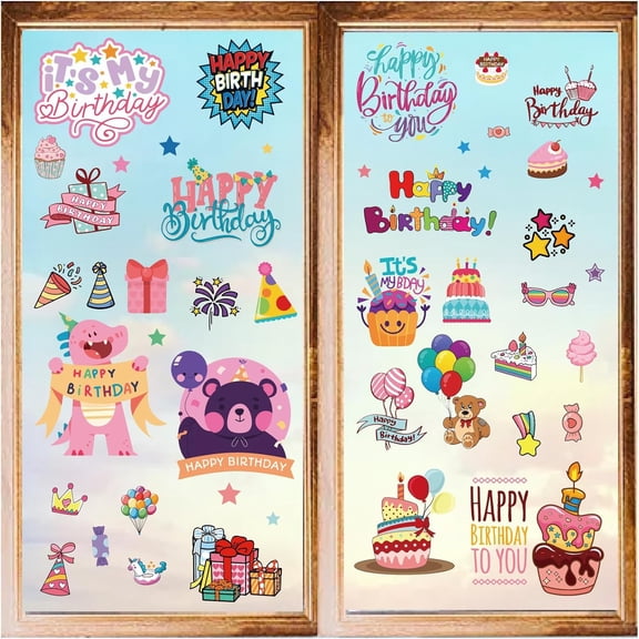 8 Styles Birthday Cake Wall Stickers Balloon Bear Window Stickers PVC Waterproof Self Adhesive Wall Decals Cling Peel and Stick for Home Stairway Decoration Bedroom Living Room Showcase DIY