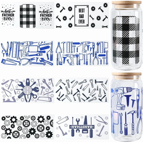 8 Styles Blue UV DTF Cup Wraps Black Transfer Stickers Plastic Rectangular Transparent Black Blue Tool Theme Stickers