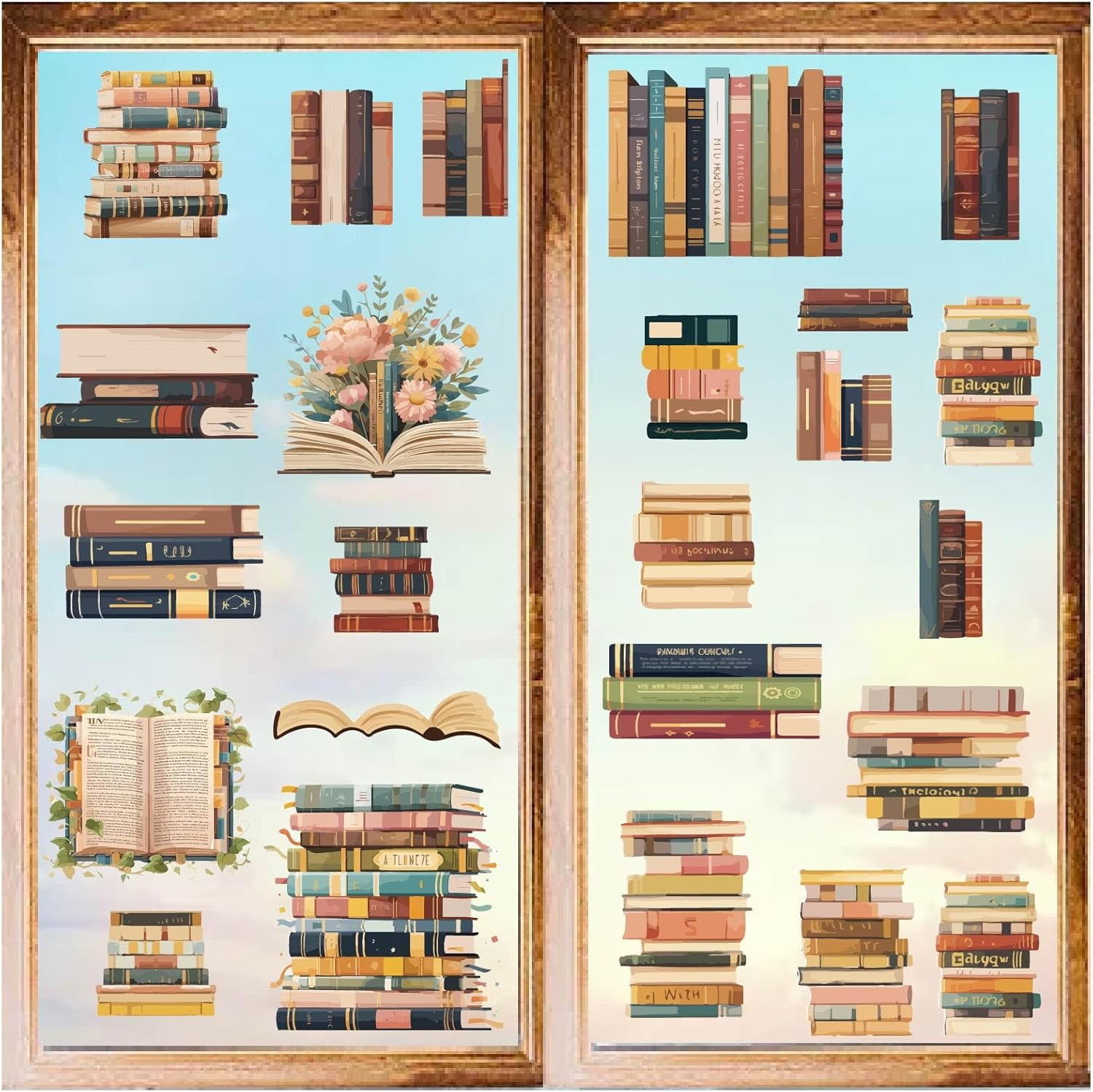 8 Styles Book Wall Sticker Reading Window Decor Clings Adhesive Study Read Books Colorful Art Print Double Sided Decals Peel and Stick for Home Wall Window Cling Supplies Decorations