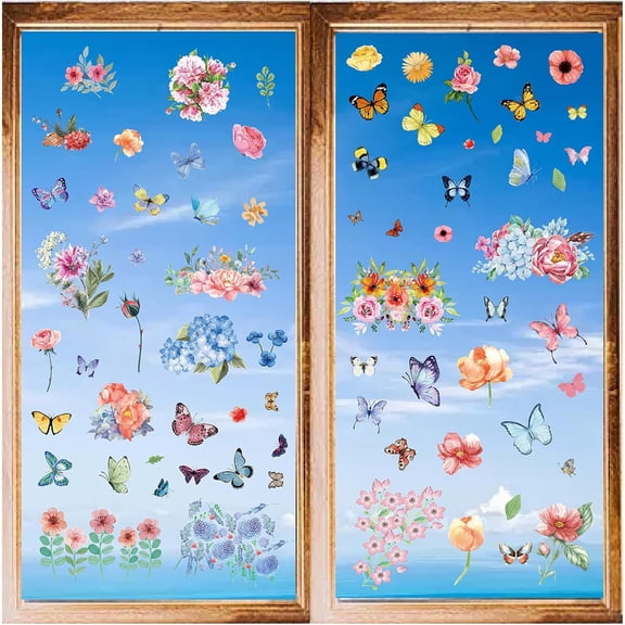 8 Styles Butterfly Window Stickers Flower Wall Clings Peel and Stick PVC Waterproof Self Adhesive Decals Decor for Fridge Bedroom Living Room Kitchen Store Showcase Dorm Classroom Colorful DIY