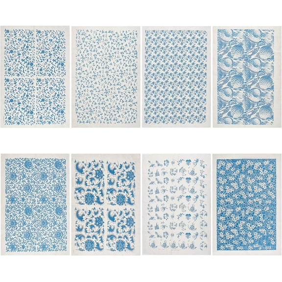 8 Styles Ceramic Decals Blue and White Porcelain Ceramics Clay Transfer Paper Pottery Underglaze Flower Paper for Pottery Enamel Decal 15x21" for DIY