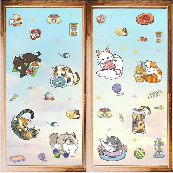 8 Styles Cute Cats Window Decals Stickers Cartoon Animal Kitty Wall Clings Peel and Stick Vinyl PVC Waterproof Self Adhesive Decor
