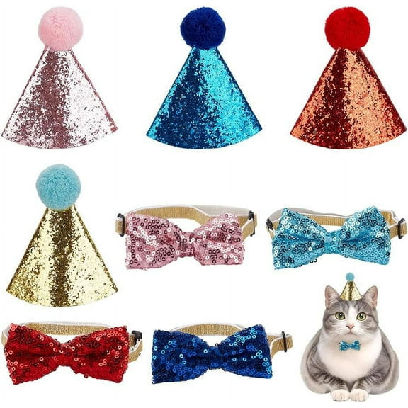 8 Styles Dog Birthday Hats Ties Collar Cat Party Sequin Hats Adjustable Ties Pets Birthday Cap for Dog Cat Puppies Kittens Pets Party Wedding Cosplay Costume Accessories Outfits colorful