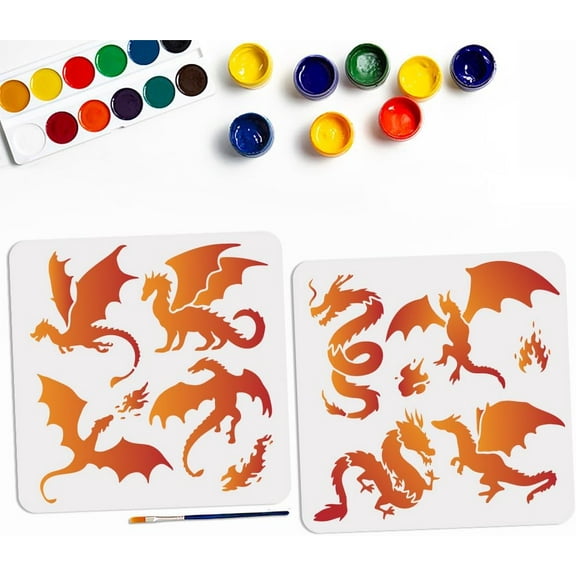 8 Styles Dragon Flame Stencil 11.811.8inch Large Western Dragon Template with Paint Brush Square Fire Dragon Theme Stencils for Wood Canvas Fabric Wall Furniture Decorations DIY Projects