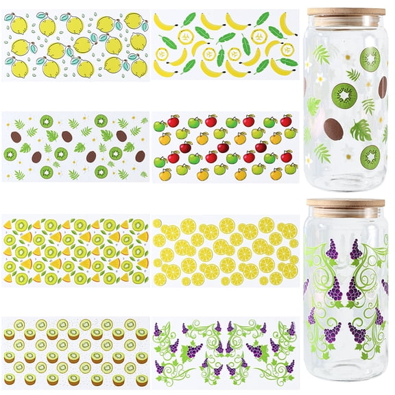 8 Styles Fruit UV Dtf Cup Wraps Fruit Water Bottle Stickers Bulk Orange Lemon Banana Rectangular Transparent Transfer StickersDIY