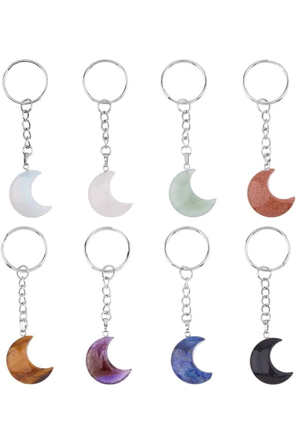 8 Styles Gemstone Keychain Moon Stone Keychain Natural Stone Keyring Quartz Pendants with Iron Split Key Rings for Women Key Bag Purse Decoration 8.7cm